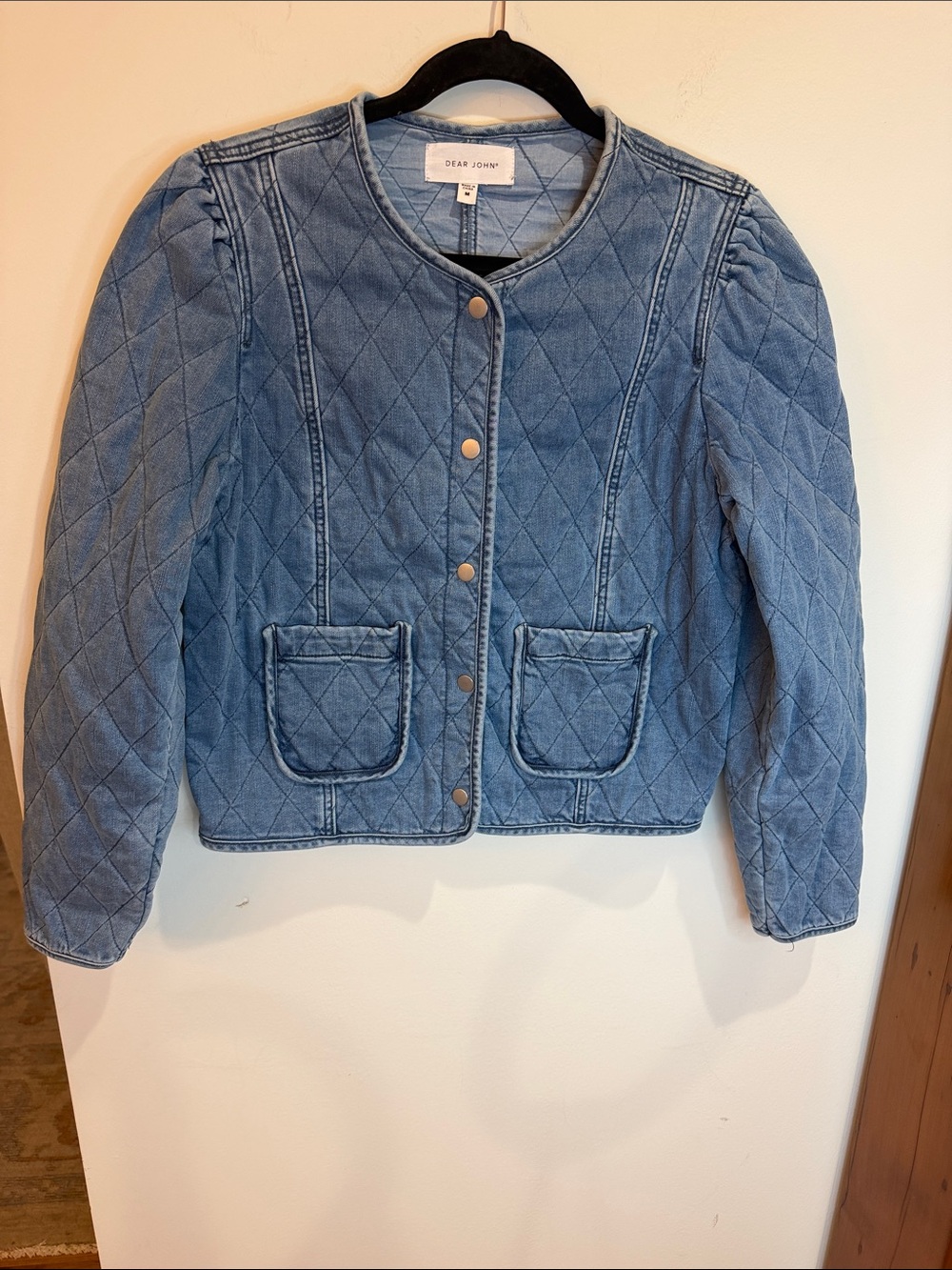 Dear John Light Blue Quilted Denim Snap Jacket w/Puffed Sleeves, M -Cottagecore